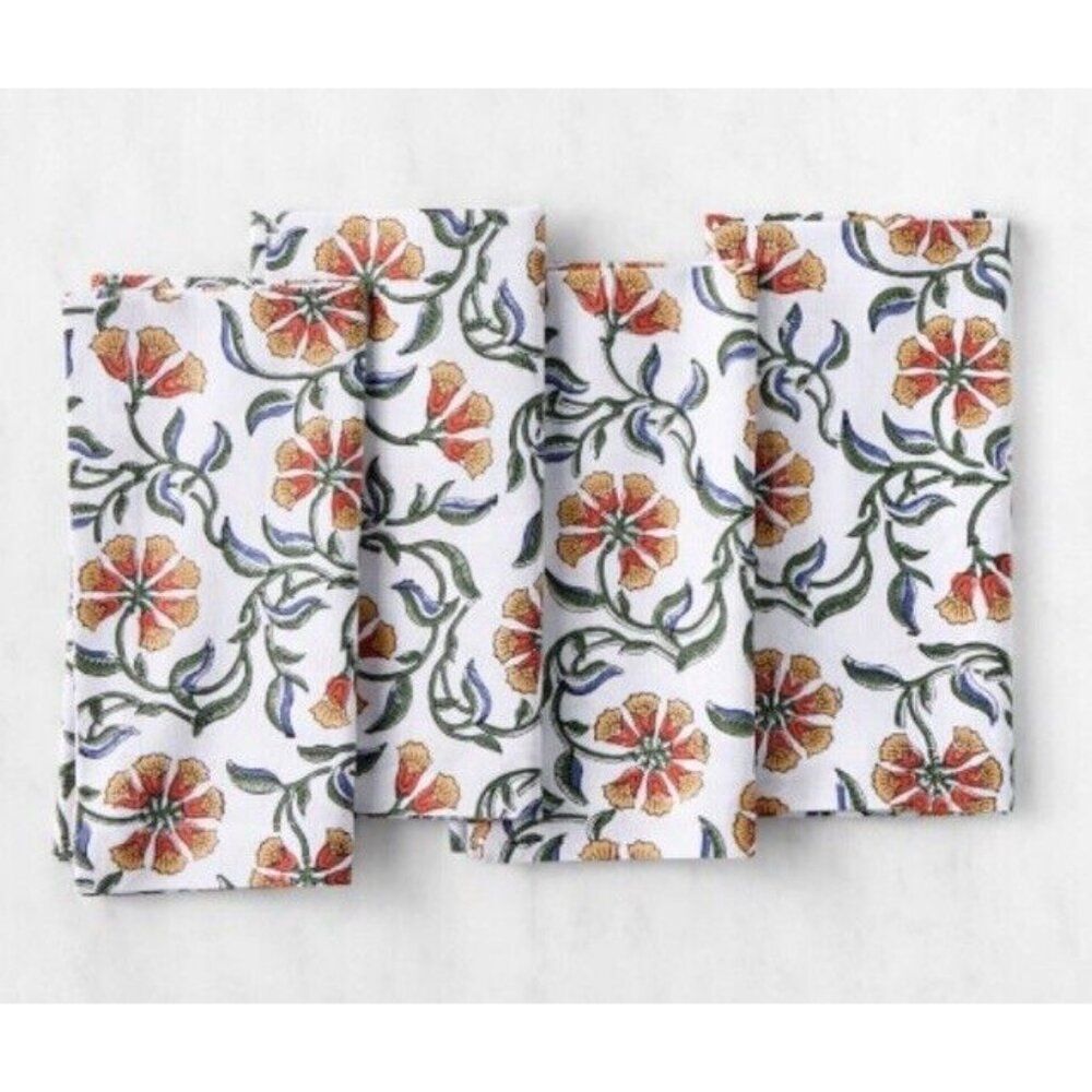 NWT WILLIAMS SONOMA Large Floral Flower DINNER NAPKINS SET OF FOUR 100% Cotton